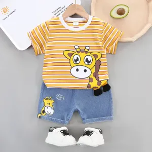 2pcs Toddler Boy Cotton Giraffe Graphic Striped Tee and Denim Shorts Set #1039830