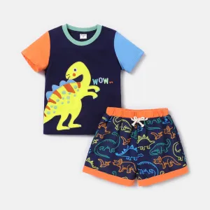 2pcs Toddler Boy Dinosaur Embroidered Colorblock Short-sleeve Tee and Shorts Set