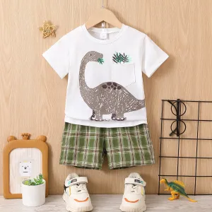 2pcs Toddler Boy Dinosaur Print Pocket Short-sleeve Tee and Plaid Shorts Set #1044608