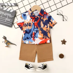 2Pcs Toddler Boy Dinosaur Print Short-sleeve Shirt and Shorts Set #879482