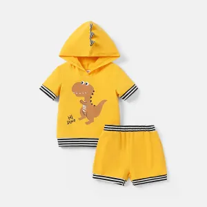 2pcs Toddler Boy Dinosaur Print Striped Hooded Short-sleeve Cotton Tee and Shorts Set #720819