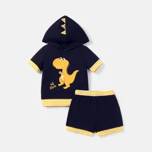 2pcs Toddler Boy Dinosaur Print Striped Hooded Short-sleeve Cotton Tee and Shorts Set #720827