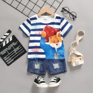 2pcs Toddler Boy Fox Striped Short-sleeve Tee and Ripped Denim Shorts Set #1043924