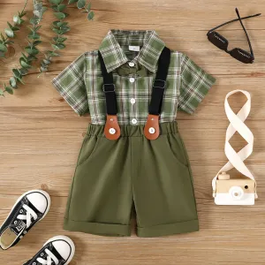2pcs Toddler Boy Front Buttons Bow Tie Plaid Lapel Collar Short-sleeve Top and Pockets Overalls Set #1041433