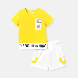 2pcs Toddler Boy Letter Print Colorblock Cotton Short-sleeve Tee and Shorts Set #718066