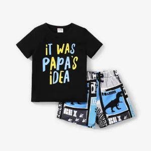 2pcs Toddler Boy Letter Print Short-sleeve Black Tee and Dinosaur Print Colorblock Shorts Set #825361