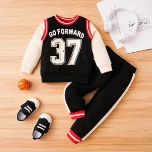 2pcs Toddler Boy Letter Print Striped Sports Sweatshirt and Pants Set #1048796