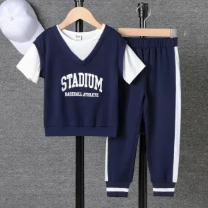 2pcs Toddler Boy Letters Print 2 In 1 Sports Top and Pants Set #1054201