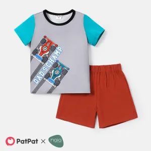 2pcs Toddler Boy Naia Vehicle Print Colorblock Short-sleeve Tee Shorts Set #786165