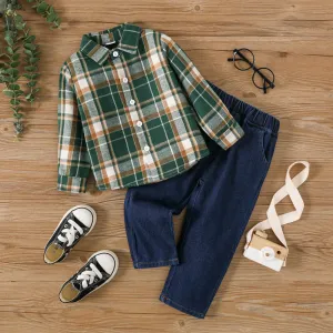2pcs Toddler Boy Plaid Long-sleeve Shirt and Denim Jeans Set #1053595