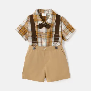 2Pcs Toddler Boy Plaid Short-sleeve Bow Tie Shirt and Suspender Shorts Set #860798