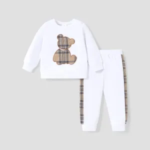 2pcs Toddler Boy Playful Bear Embroidered Sweatshirt and Plaid Splice Pants Set #215847