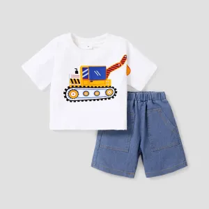 2pcs Toddler Boy Playful Denim Pocket Design Shorts and Vehicle Print Tee set #233958