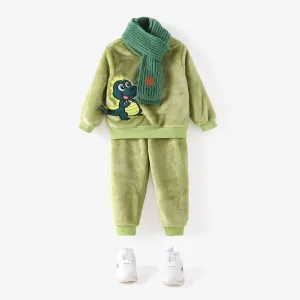 2pcs Toddler Boy Playful Dinosaur Embroidered Flannel Fleece Sweatshirt and Pants Set