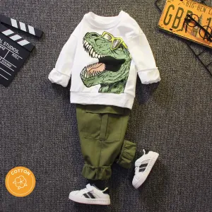 2pcs Toddler Boy Playful Dinosaur Print Sweatshirt and Pocket Design Cargo Pants Set #830232