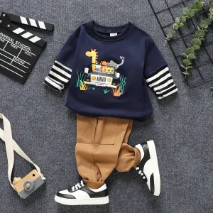 2pcs Toddler Boy Playful Faux-two Animal Print Striped Sweatshirt and Pocket Design Pants Set #209374