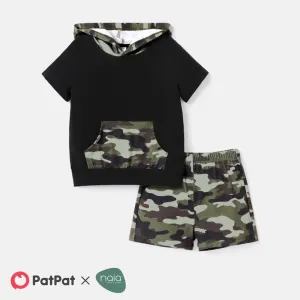 2pcs Toddler Boy Pocket Design Hooded Tee and Camouflage Print Shorts Set #228930