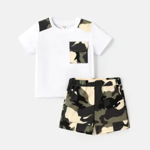 2pcs Toddler Boy Pocket Design Short-sleeve Tee and Camouflage Print Shorts Set #834108