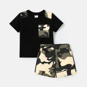 2pcs Toddler Boy Pocket Design Short-sleeve Tee and Camouflage Print Shorts Set #834113