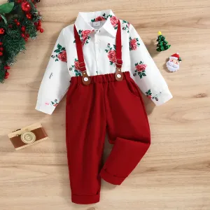 2pcs Toddler Boy Preppy style Floral Print Shirt and Suspender Pants Set #833144
