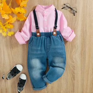 2pcs Toddler Boy Preppy style Suspender Denim Jeans and Shirt Set #832884