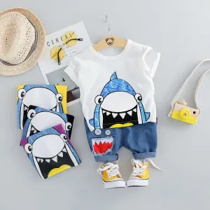 2pcs Toddler Boy Shark Print Short-sleeve Tee and Ripped Denim Shorts Set #1045971