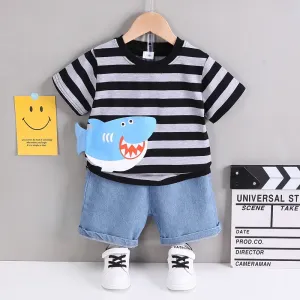 2pcs Toddler Boy Shark Stripe Print Cotton Short-sleeve Tee and Denim Shorts Set #1034134