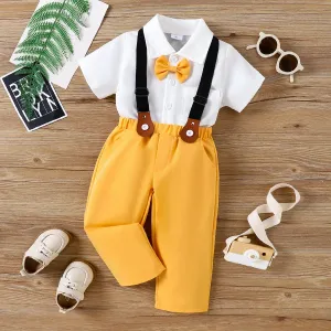 2pcs Toddler Boy Solid Bow Tie Shirt and Suspender Pants Set #1048008