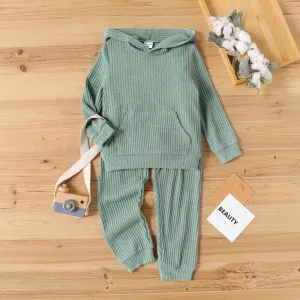 2pcs Toddler Boy Solid Color Ribbed Hooded Sweatshirt and Pants Set #814926