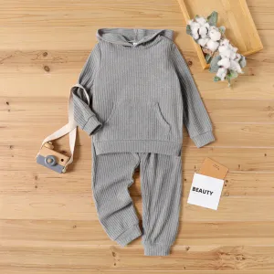 2pcs Toddler Boy Solid Color Ribbed Hooded Sweatshirt and Pants Set #814930