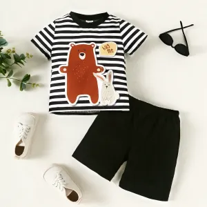 2pcs Toddler Boy Striped Bear Graphic Short-sleeve Tee and Solid Shorts Set #1043915