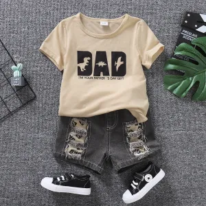2pcs Toddler Boy Trendy Dinosaur Print Short-sleeve Tee and Ripped Denim Shorts Set