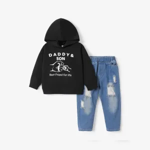 2pcs Toddler Boy Trendy Ripped Cotton Denim Jeans and Letter Print Hoodie Sweatshirt Set #215041