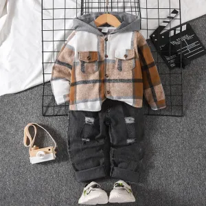2pcs Toddler Boy Trendy Ripped Denim Jeans and Plaid Hooded Jacket Set #816081