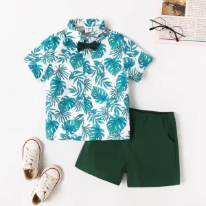 2Pcs Toddler Boy Tropical Plant Print Short-sleeve Bow Tie Shirt and Shorts Set #867841