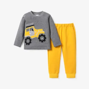 2pcs Toddler Boy Vehicle print sweatshirt and Solid color pant set #1063299
