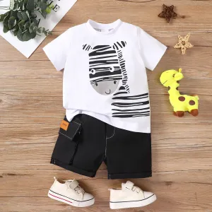 2pcs Toddler Boy Zebra Print Short-sleeve Tee and Cargo Shorts Set #927764
