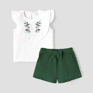 2pcs Toddler Girl 100% Cotton Butterfly Embroidered Ruffled Sleeveless Tee and Belted Shorts Set #834477