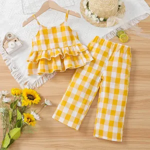 2PCS Toddler Girl 100% Cotton Classic Plaid Ruffled Cami Top & Wide-legged Pants Set #847610