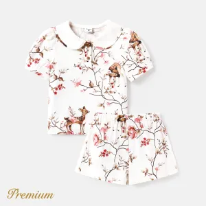 2pcs Toddler Girl 100% Cotton Floral Print Doll Collar Puff Sleeve Tee and Shorts Set #922325