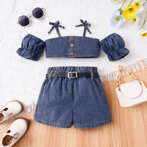 2pcs Toddler Girl 100% Cotton Front Buttons Ruffle Slip Top and Belted Denim Shorts Set #1047089