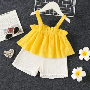 2pcs Toddler Girl 100% Cotton Ruffle Trim Solid Cami Top and Lace Trim Shorts Set #1036736