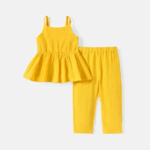 2pcs Toddler Girl 100% Cotton Solid Color Peplum Tank Top and Pants Set #230017