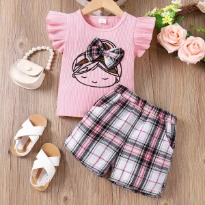 2pcs Toddler Girl 95% Cotton Bow Decor Girl Print Ribbed Ruffle Top and Pockets Plaid Shorts Set #1044911