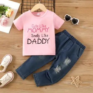 2pcs Toddler Girl 95% Cotton Letters Print Short-sleeve Tee and Ripped Pockets Jeans Set #1048531
