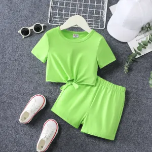 2pcs Toddler Girl Bandage Solid Color Regular T-shirt and Shorts Set #1332582