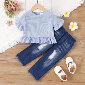 2pcs Toddler Girl Blue Stripe Long-sleeve Ruffled Top and Ripped Jeans Set #1103697