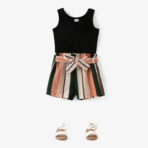 2pcs Toddler Girl Boho Ribbed Tank Top and Stripe Belted Shorts Set #818509