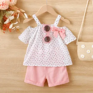 2pcs Toddler Girl Bow Decor Allover Floral Print Strappy Short-sleeve Top and 100% Cotton Solid Pockets Shorts Set #1042223