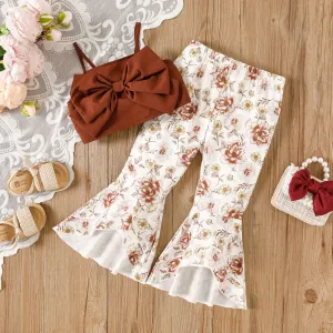 2pcs Toddler Girl Bow Front Crop Camisole and Floral Print Flared Pants Set #1107593